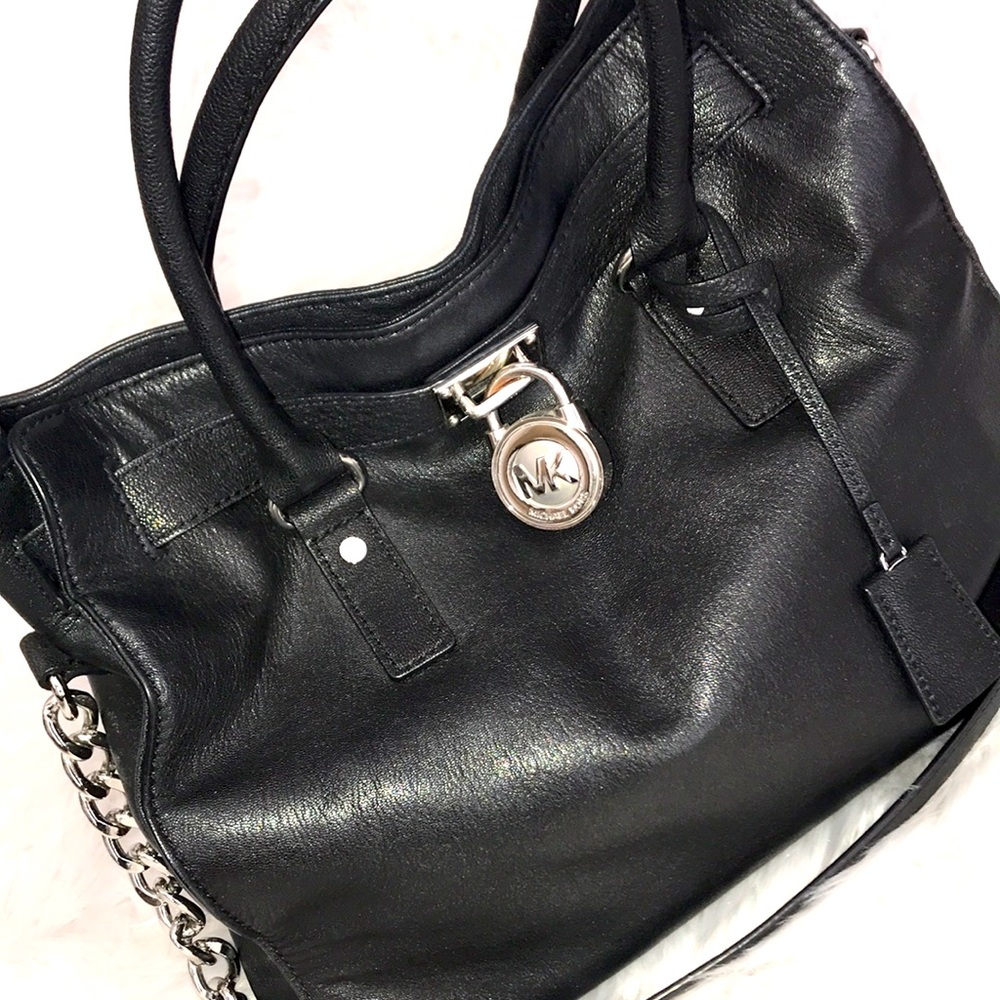 Michael Kors Hamilton black leather handbag with luxury silver chain and hardwar